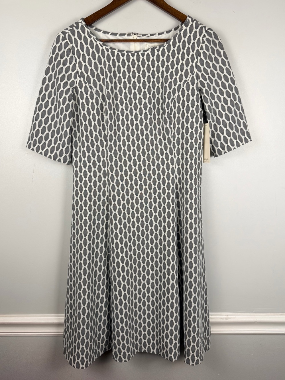 New Eliza J white grey black geometric fit & flare dress size 10